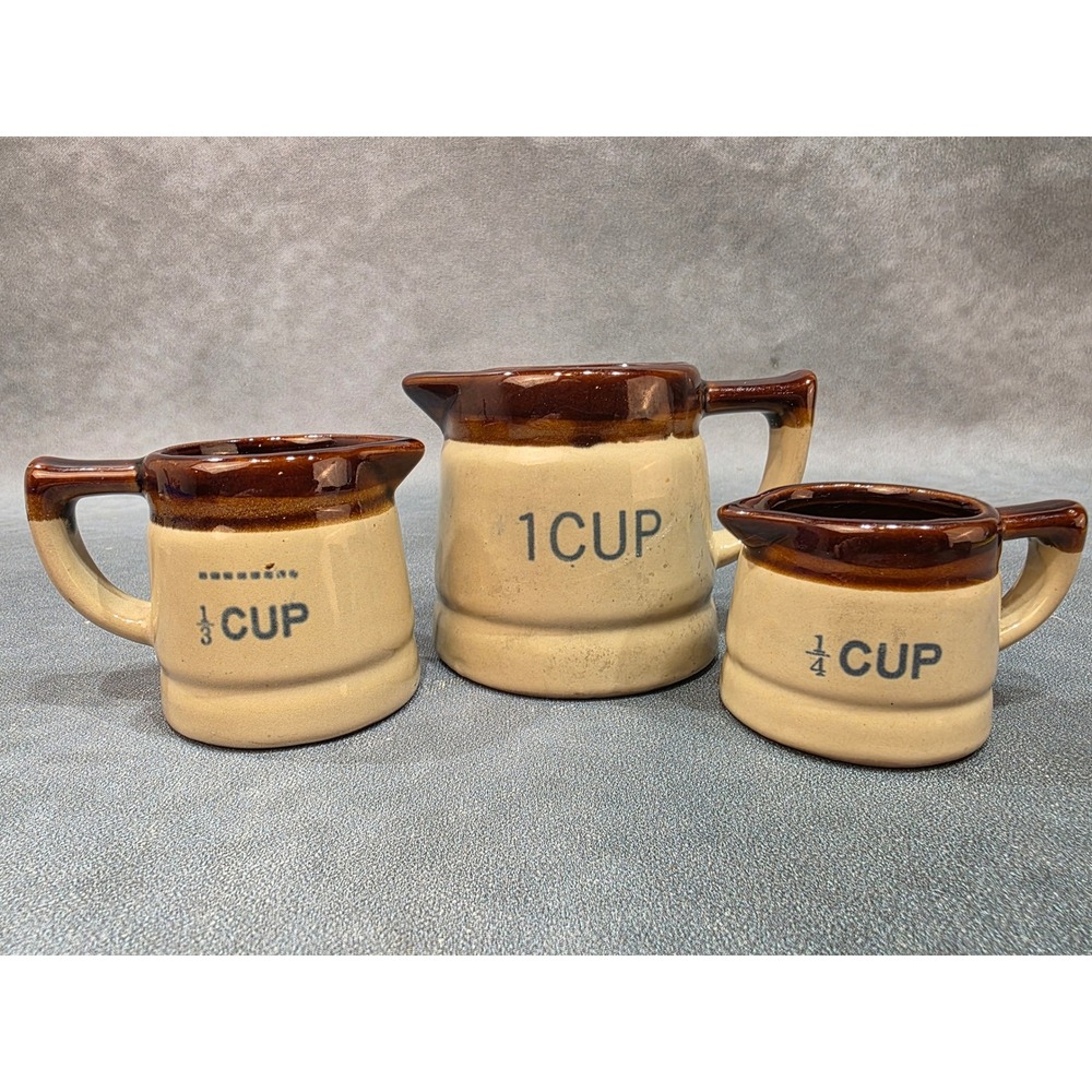 Vintage Stoneware Measuring Cup Set Brown Tan Ceramic Pitcher 1 1/2 1/4 Cup 3pc